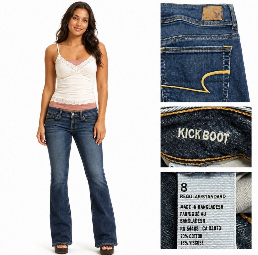 Y2K Indie Sleaze American Eagle Kick Boot Jeans Size 8 Medium Wash Indigo 2000s